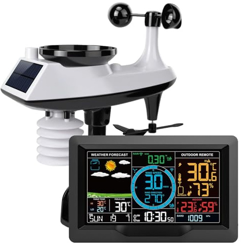 Station météo numérique sans fil pour intérieur et extérieur, station météo domestique 10 en 1 avec anémomètre, pluviomètre, thermomètre, hygromètre, baromètre, capteur solaire extérieur, prévisions