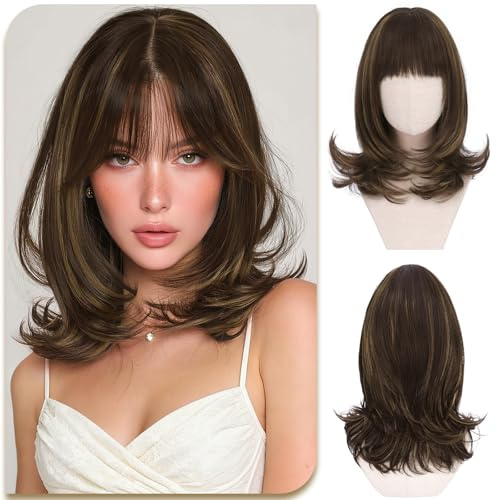Sofeiyan Peluca de Cabello Corta Natural,38 cm Marrón Chocolate con Reflejos Marrón Dorado Peluca Bob con Flequillo,Pelucas Sintéticas para Mujer con Puntas Rizadas de Forma Natural Uso Diario