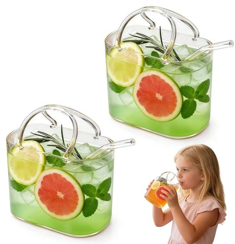 Purse Drinking Glass, Glass Purse for Drinks, 26oz Unique Wine Glasses with Straw, Decorative Fish Bowl Vase with Straw, Handbag Shaped Vases for Cute Room Decor, For Fruit Juice, Tea, Flowers (2pcs)