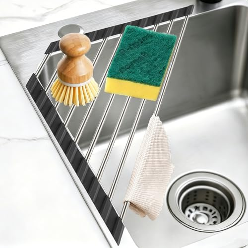 TILONKJ Escurreplatos Triangular Plegable, Marco de Acero Inoxidable para Esquinas del Fregadero pequeño con Revestimiento de Silicona, Escurreplatos y Organizador de Cocina Multiusos para Ahorrar
