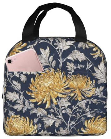CNTDBU Bolsa de almuerzo aislada con diseño de crisantemo azul marino, bolsa térmica con forro de aluminio, lonchera impermeable para el trabajo