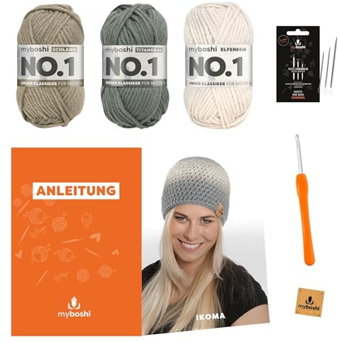 myboshi Häkelset Mütze Ikoma für Anfänger, inkl. No.1 Wolle, Häkelnadel, Wollnadeln, Anleitung, Label, Mützen-Häkelpaket, 30% Merinowolle Braun mit Häkelnadel