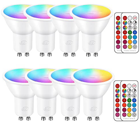 iLC Ampoule Led MR16 GU10 RGB Spot Changementde Couleur, Ampoules Led RGBW Dimmable Blanc chaud (2700K) 5W Equivalence incandescence 40W, Timing Télécommande infrarouge incluse (paquet de 8)
