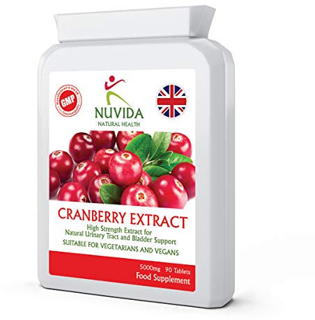 Nuvida High Strength Cranberry Tablets for Urinary infections, Cystitis and UTI Support - 90 Vegan Cranberry Extract Tablets - Cranberry Tablets for Women and Men