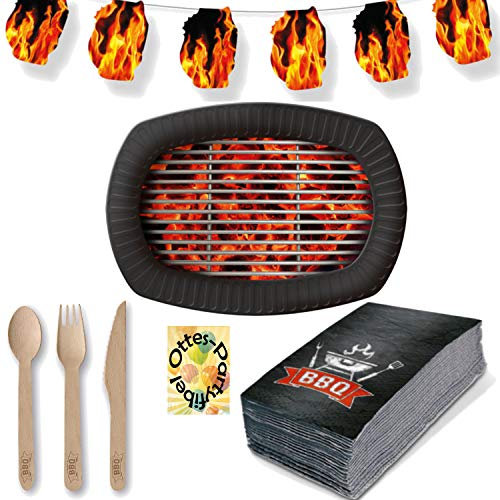HHO BBQ Grill-Party Holzkohle Partyset 77tlg. für 12 Gäste Servietten Teller Wimpelkette Holz-Besteck