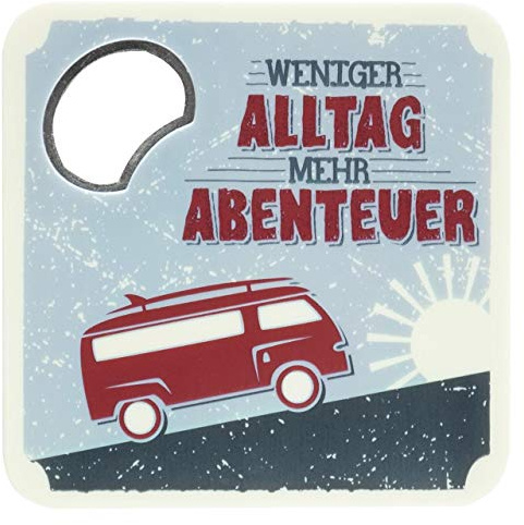 GRUSS & CO Sheepworld, 46515 - Untersetzer, mit Flaschenöffner, Weniger Alltag mehr Abenteuer, Plastik, 9,5cm x 9,5cm