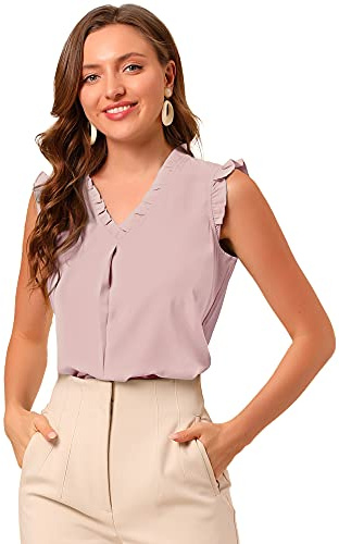 Allegra K Women's Sleeveless Ruffled Vintage Blouses Ruffle Trim Work Tops Pink 8