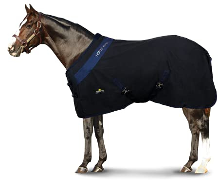 Horses, Pferdedecke für Pferdebox in Cotton Maddy 2 Modell, Leicht und Atmungsaktiv für Frühling und Sommer, mit Riemen und Schweifhülle (Schwarz/Blau- 135 cm)