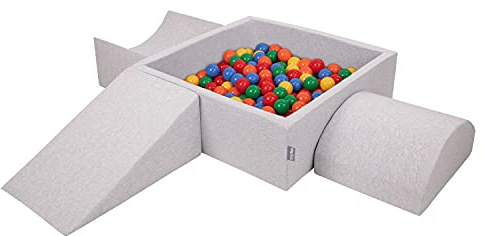KiddyMoon Spielplatz Aus Schaumstoff Mit Quadrat Bällebad (300 Bälle) Ballgruben Für Babys Spielbad Hindernisläufen, Hergestellt In Der EU, Hellgrau:Gelb/Grün/Blau/Rot/Orange