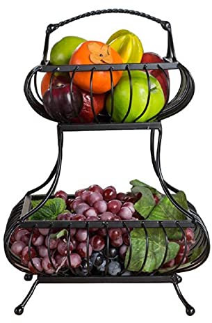 JUNYFFF Fruit Bowl - Frutero 2 Pisos, Canasta De Frutas De 2 Capas, Fruteros De Cocina, Cesta De Frutas De Metal, 45X30cm (Negro)