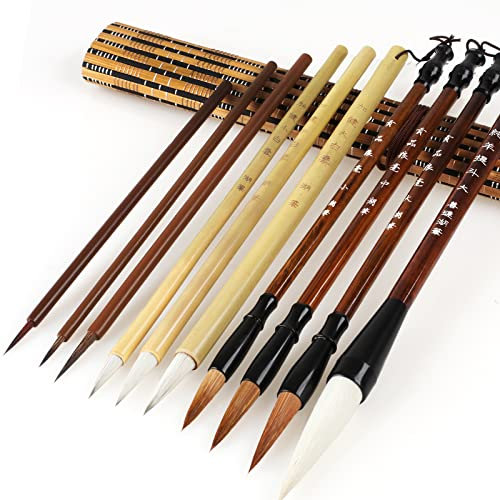 Weysoo Chinesisches Pinsel-Set, 10-teilig, 4 Größen, chinesische Kalligraphie-Pinsel, Aquarellpinsel für Kalligraphie, Handbeschriftung, Kanji, Japanisch, mit Pinseltasche