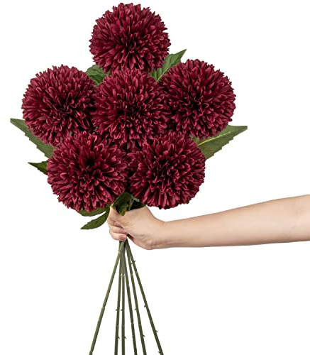 Hortensia artificial de 10 cm de tamaño con tallo largo de 63 cm, 6 unidades, color rojo, hortensia artificial, flor de plástico, para decoración del hogar, oficina, decoración, arreglos florales