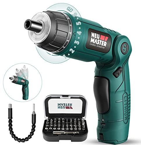 NEU MASTER Cordless Screwdriver, 4V Electric Screwdriver Rechargeable Power Screwdriver With Pivoting Handle, Front And Rear LED light, 32pcs Bits, 6+1 Torque Setting, 2000 mAh Battery Screwdriver