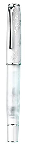 Hongdian N8 White Fountain Pen, Iridium Fine Nib, Silver Plated Feather Carving Cap Smooth Writing Acrylic Pen with Converter and Metal Pen Case Set