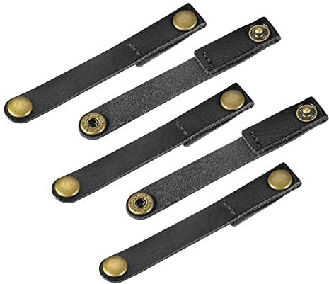 sourcing map Pack of 5 Leather Cable Straps Cord Organizer 90x12mm Portable Cable Leather Clips Black Earphone Cord Management for Cable, Wire