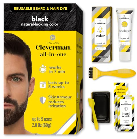 Reusable Hair & Beard Dye for Men – Black 1.0 | Up to 5 Uses, 7 Minutes | Natural Gray Coverage, No-Drip Cream with SkinArmour – Cleverman