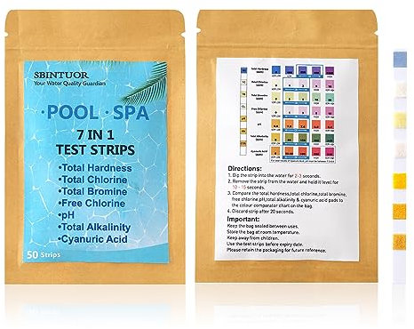 SBINTUOR Strisce Test Piscina 7 in 1 Tester Piscina Analisi Acqua Piscina di Durezza Totale, Cloro Totale, Bromo Totale, Cloro Libero, pH, Alcalinità Totale, Acido Cianurico - 50 Strisce