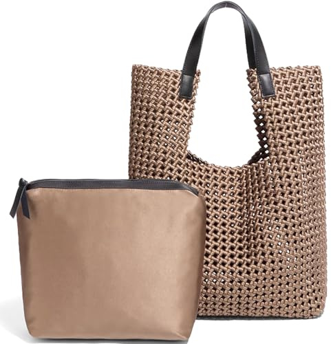 Leder Satin Gewebt Tote Tasche für Frauen Aushöhlen Handtasche 2 Pcs Set Weibliche Umhängetasche Shopper Tasche Mode Kupplung, Champagner