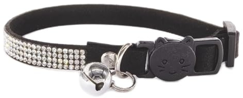 Rhinestone Cat Collar Breakaway Safety Buckle with Bell, Adjustable Diamond Girl Boy Kitty Cute Comfy Collar for Kitten Small Pets Rabbits, 7.5-11 Black