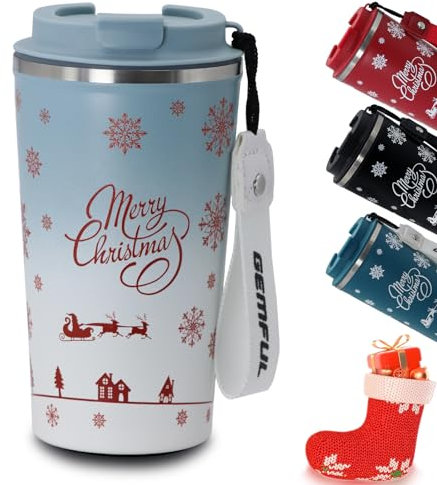 GEMFUL Tasse à café de Noël avec couvercle à vis 510 ml en acier inoxydable isotherme pour femmes, amies ou collègues