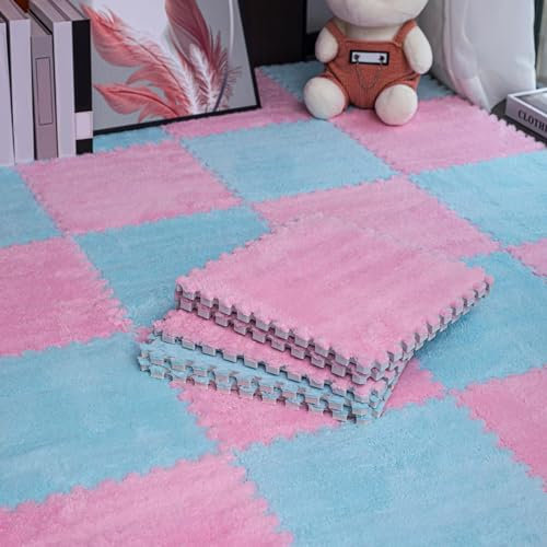 LULUMAIC 48-teilige Puzzle-Spielmatte, Teppichfliesen, ineinandergreifende Schaumstofffliesen, Plüschboden-Spielmatte, Salon, 11,8 x 11,8 Zoll (Hellblau + Rosa 0,23 Zoll)