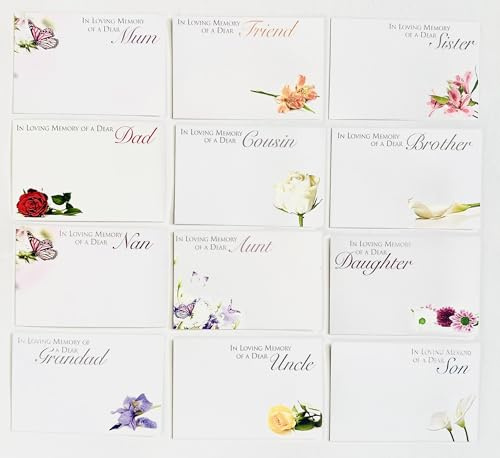 ShredAstic® - Pack 12 small Florist Funeral Flower Message cards Cards 6cm x 9cm / 12 Cello bags (60 x 90mm) Mum, Friend, Sister, Dad, Cousin, Brother, Nan, Aunt, Daughter, Grandad, Uncle, Son
