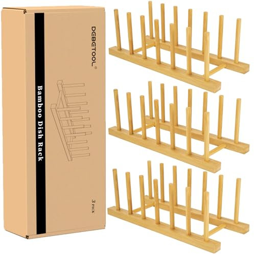 DEBETOOL Escurridor de platos de madera de bambú, paquete de 3 estantes de madera para platos para armario de cocina, soporte multiusos para platos, platos, tazas, tapas de ollas, tabla de cortar