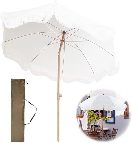 Parasol de jardin inclinable style bohème avec frange, protection UV50+, parasol de balcon, imperméable, avec sac de transport, parasol portable pour terrasse, piscine