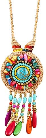 wirepool Boho Beaded Necklaces for Women Girl Long Pendant Turquoise Gravel Beads Handmade Wax Thread Necklace for Women Bohemian Jewelry Accessory (Style01)