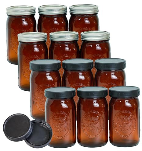 Jumterlee 12 Pack 32 oz Amber Mason Jars, Wide Mouth Mason Jars with Lids and Bands and 12 Black Plastic Mason Jar Lids, Canning Jars Used for Canning, Pickling, Juice, Jam, Jelly