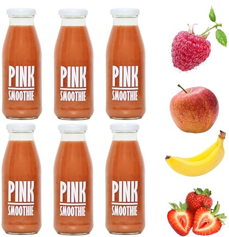 PRESSUICE Pink Smoothies - 6 Smoothie Bottles To Go - 6 x 240 ml | Apple, Strawberry, Raspberry, Banana, 100% Juice and Puree, Not From Concentrate, No Added Sugar, No Additives, Cloudy