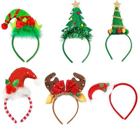 6pcs Weihnachts Haarreifen Elf Rentiergeweih Santa Kopfbedeckung Haarbügel Weihnachtself Hut Weihnachten Stirnband Kopfschmuck Weihnachtsbaum Kopfbedeckung für Weihnachtsfeiern Cosplay