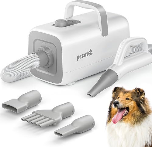 Pecute Asciugatore per Cani Blower Molto Silenzioso, Soffiatore per Cani a velocità Regolabile - con modalità Caldo/Freddo, Phon Cane con 4 Diversi ugelli, Tubo Elastico e Spazzola la Cura