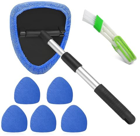 heqxwl Multifunktionaler Glasreiniger mit 6 Mikrofasertüchern und 1 grünen Entlüftungsbürste mit Teleskopgriff und 180-Grad-Drehung für den Einsatz in Autos, Wohnungen und mehr. (Blau)