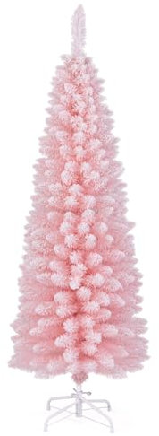 GYMAX Árbol de Navidad Artificial de 120/150/180 cm, Árbol Navideño Delgado con 240/328/460 Puntas de Ramas de PVC y Soporte de Metal, Diseño Desmontable(Rosa,150 cm