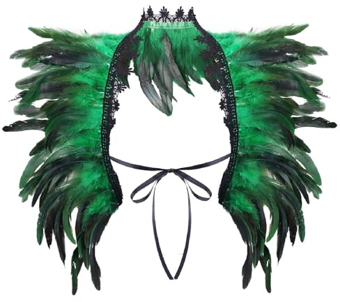 Damen Federumhang Achselzucken Schal Pfau Kostüm Federboa Feather Schal Poncho Spitzenspleißen Kragen Gothic Feder Choker Party Feder Achselzucken Fliege Karneval Federumhang Stola