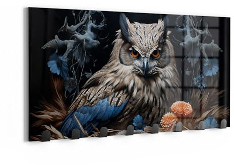 DEQOART Wandgarderobe Glas & Metall | Motiv Stille Eulenwacht | 60x30 cm | Design Haken-Leiste modern | Garderoben-Paneel für Flur, Wohnzimmer & Schlafzimmer | magnetisch & beschreibbar