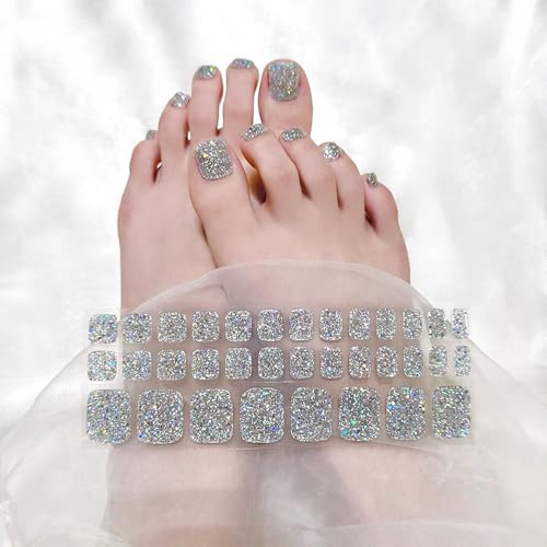 34 Stück Fussnägel zum kleben - UV Nagelfolie Fußnägel Nagelfolien Selbstklebend Nagel Sticker Zehennagelaufkleber Nagelaufkleber Art Nail Wraps DIY, Silberner Glitzer UV Gel Strips (Silber)