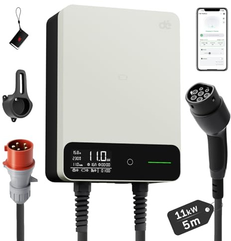 dé Estación de Carga Coche Electrico 11kW App [6-16A, Trifásico] Wallbox 11kW con Cable Tipo 2 5 m, RFID, Estación de Carga con RCD Tipo-A y Protección ip54 para Model Y/3 y Otros BEV/PHEV, Blanco