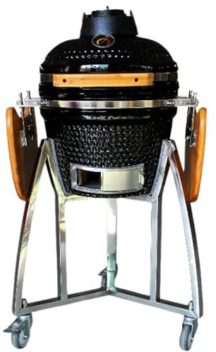 Kamado grill japansk keramisk grill - Ø40 cm - fällbara sidobord - hjul - träkol - inbyggd termometer - trähandtag - svart färg - idealisk trädgård, terrass, camping