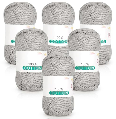 Reessy 100% Cotton Yarn for Crochet and Knitting, 6 Skeins (50g Each, 300g Total), Ideal Crochet Yarn for Dishcloths, Baby Blankets, Wearables & DIY Crafts(Grey)