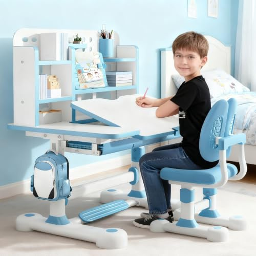 ilkqeppe Schreibtisch Kinder, Kinderschreibtisch Höhenverstellbar, Kinder Schreibtischstuhl mit um 50° Neigbarer Tischplatte, Bücherregal und Schublade für Schlafzimmer und Arbeitszimmer