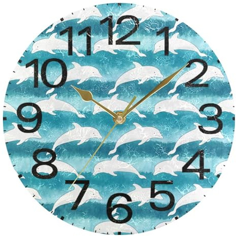 Kutsu Scale Dolphins on Striped Wall Clock Silent Non Ticking, Battery Operated Round Clock 10 Inch for Home Bedroom Living Room Kitchen Office School Classroom, Gold