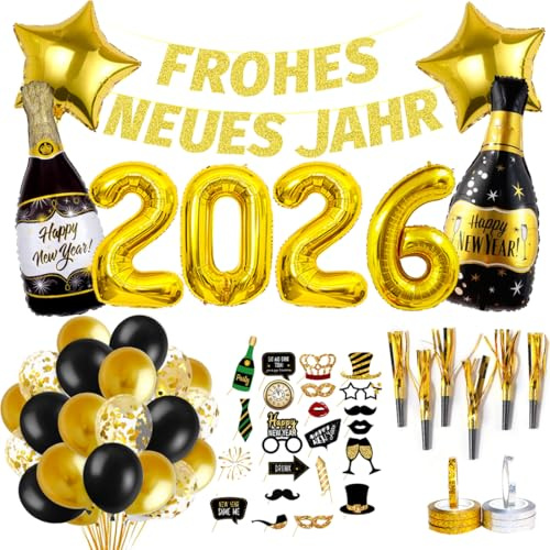 Silvester Deko 2026, XXL New Year Decoration, FROHES NEUES Jahr Girlande, 2026 Folienballon, Fotorequisiten, Luftschlangen, Luftballons Schwarz Gold, Partytröten für Silvester Party Deko Neujahr