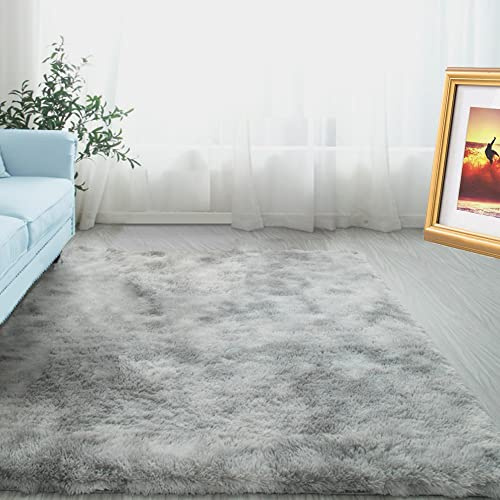ABWXN Teppich Hochflor Flauschig 80x150 Shaggy Langflor Teppich, Moderner Kuscheliger Plüsch Teppiche für Wohnzimmer, Schlafzimmer, Kinderzimmer-Hellgrau