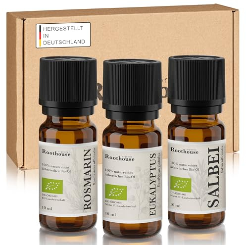 Roothouse-Organics® 3er Set - kleiner Erkältungshelfer - 100% naturreine ätherische Bio Öle - Rosmarin + Eukalyptus + Salbei für für Aromadiffusor und Duftlampe geeignet