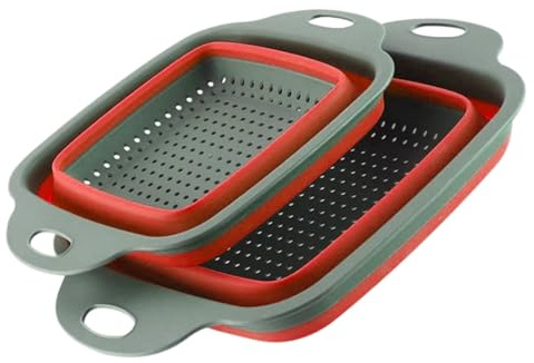 Morbuy Set Scolapasta Pieghevole, Colino Pieghevole Quadrato per Cucina Set di 2 Scolapasta Silicone con Manico Colino per Pasta in Plastica per Campeggio, Insalate e Frutta (Rosso,S + L)