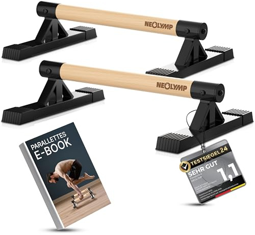 NEOLYMP 2er Set handgelenkschonende Holz Liegestützgriffe mit Calisthenics-Übungen - handgefertigten Parallettes, Push up Bar, Handstand Griffe, Dip Barren, Calisthenics-Equipment