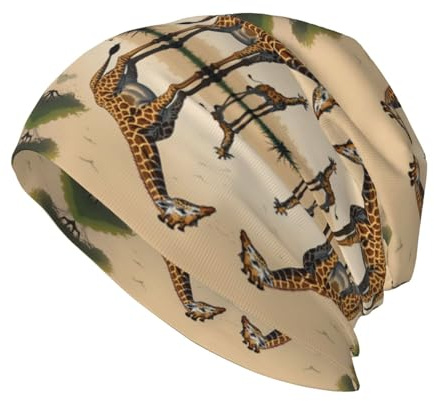 Cappello in maglia con stampa giraffa madre e bambino, caldo e senza orlo, adatto per casa, uso quotidiano, viaggi e sci. Nero