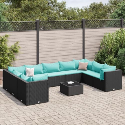 QJBSAVVA 10-TLG. Gartenmöbel Lounge Set Schwarz Poly Rattan 63 x 63 x 57,5 cm mit Wasserblauen Kissen stapelbar für kleine Balkone Terrassen und Innenhöfe